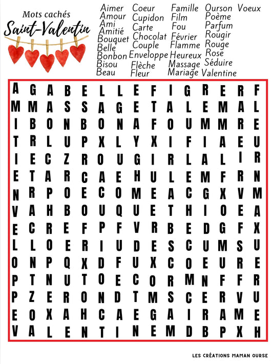 Mots cachés Saint-Valentin (ado/adulte) Numérique à imprimer