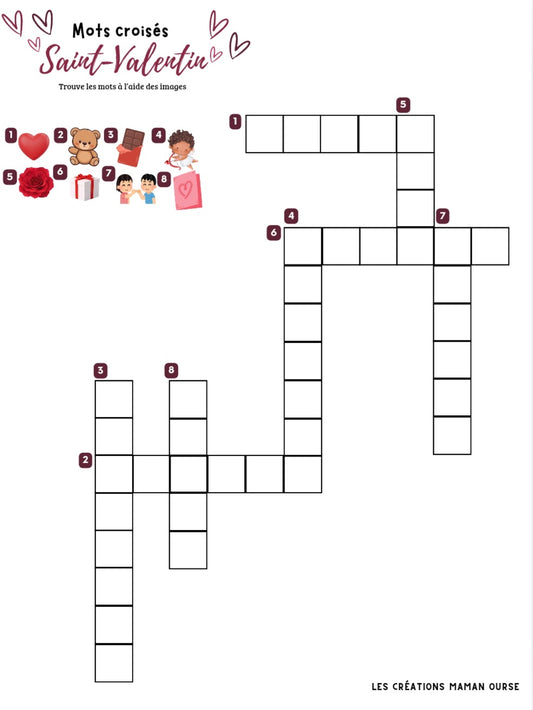 Mots croisés Saint-Valentin (enfant) Numérique à imprimer